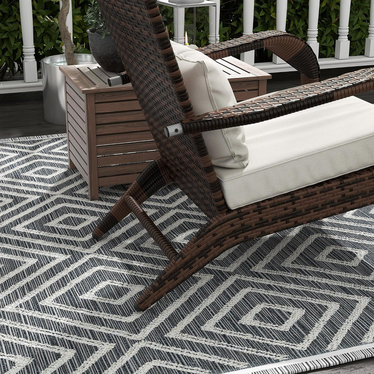 Outsunny Patio Wicker Adirondack Chair with Ottoman High-Back Cream White