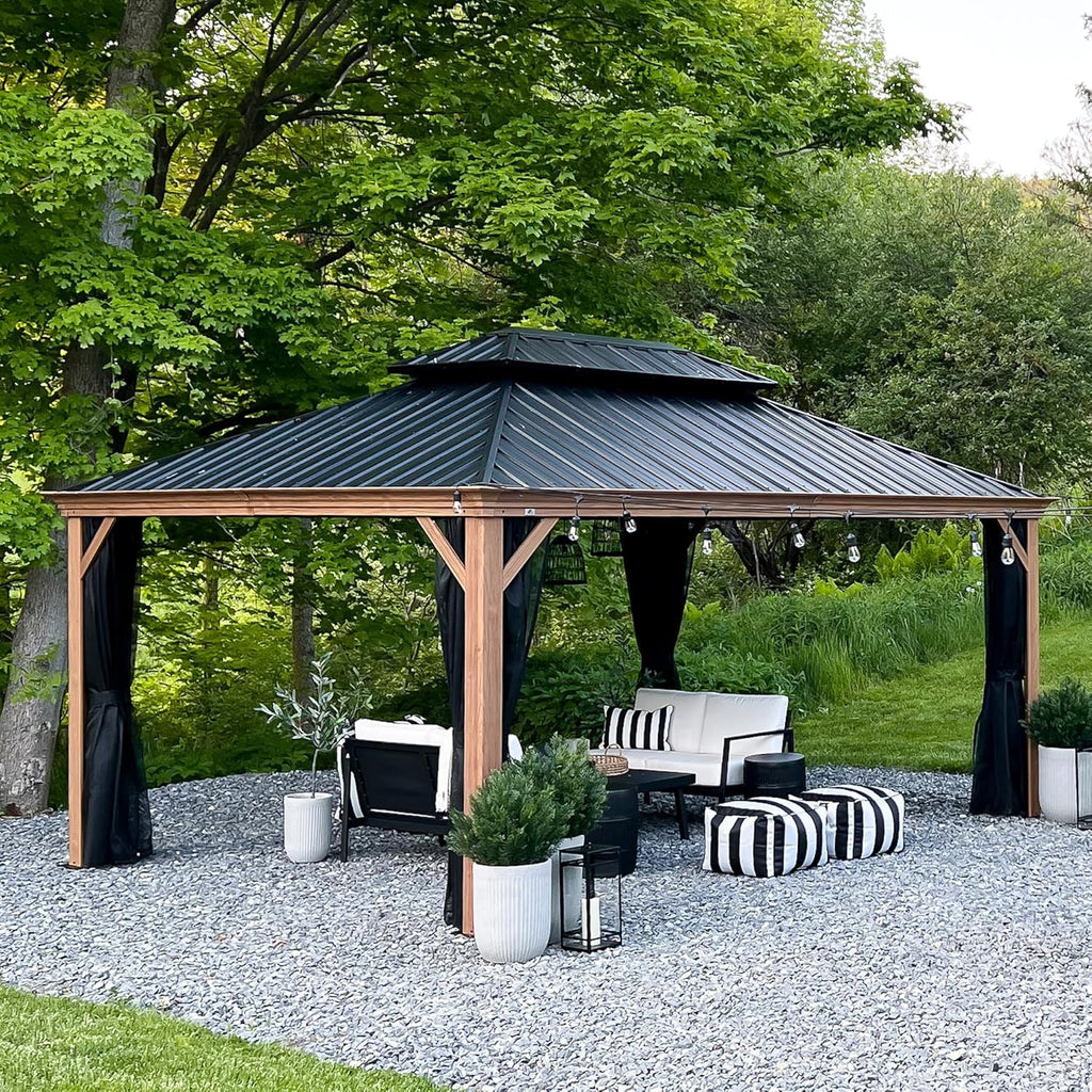 PURPLE LEAF Outdoor Gazebo 12' x 16' with Drainage System, Wood Grain Frame
