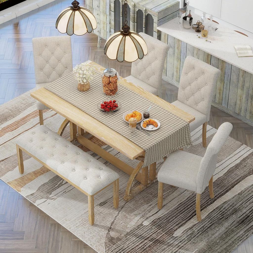 Merax 6-Piece Solid Wood Dining Table Set for 6, Wood Rectangular Kitchen Table Set with 4 Upholstered Chairs & 1 Bench for Dining Room & Kitchen, Natural Wood Wash