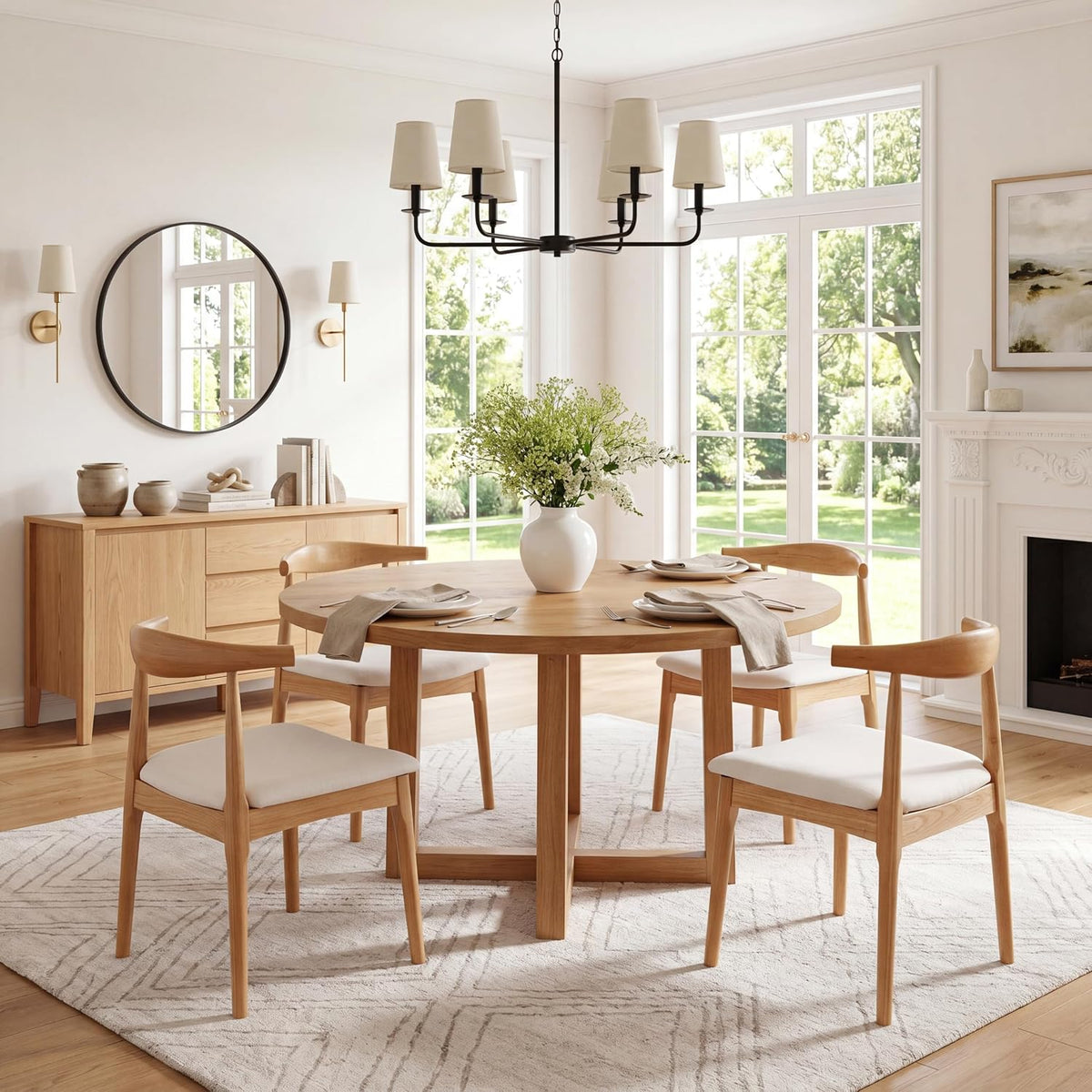 ROCITY Wood Dining Chairs Set of 4 Fabric Kitchen Chairs with Linen Cushion and Barrel Backs Mid Century Modern Dining Room Chairs Natural Wood