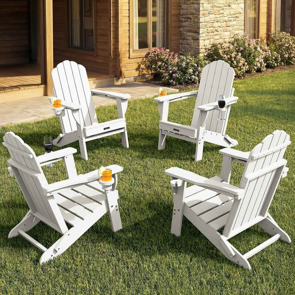 Folding Adirondack Chairs Set of 4, Plastic Patio Chair with 2 Cup Holders