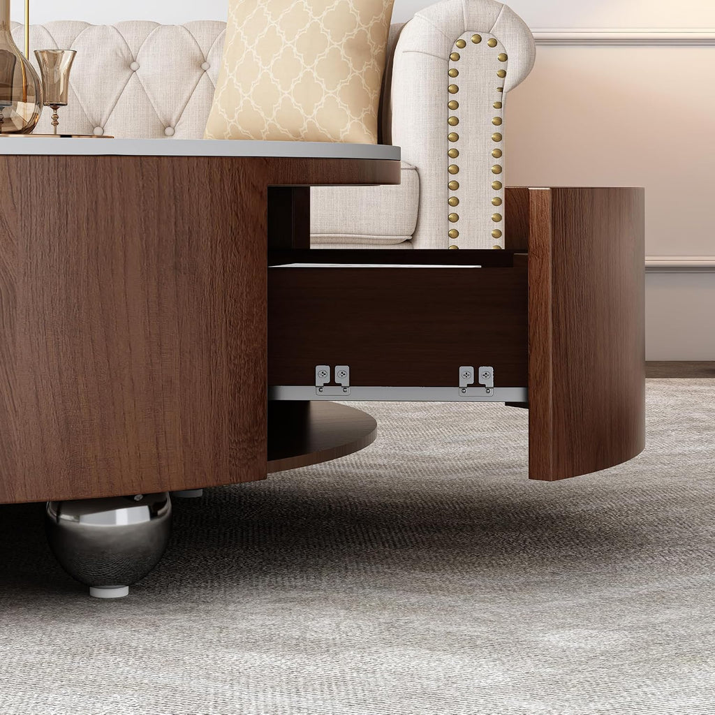 35” Round Coffee Table with Hidden Storage Drawers, Mid Century Modern Center Table with Faux Marble Tabletop & Wheels for Living Room, Home Office, Apartment, Walnut Brown+White