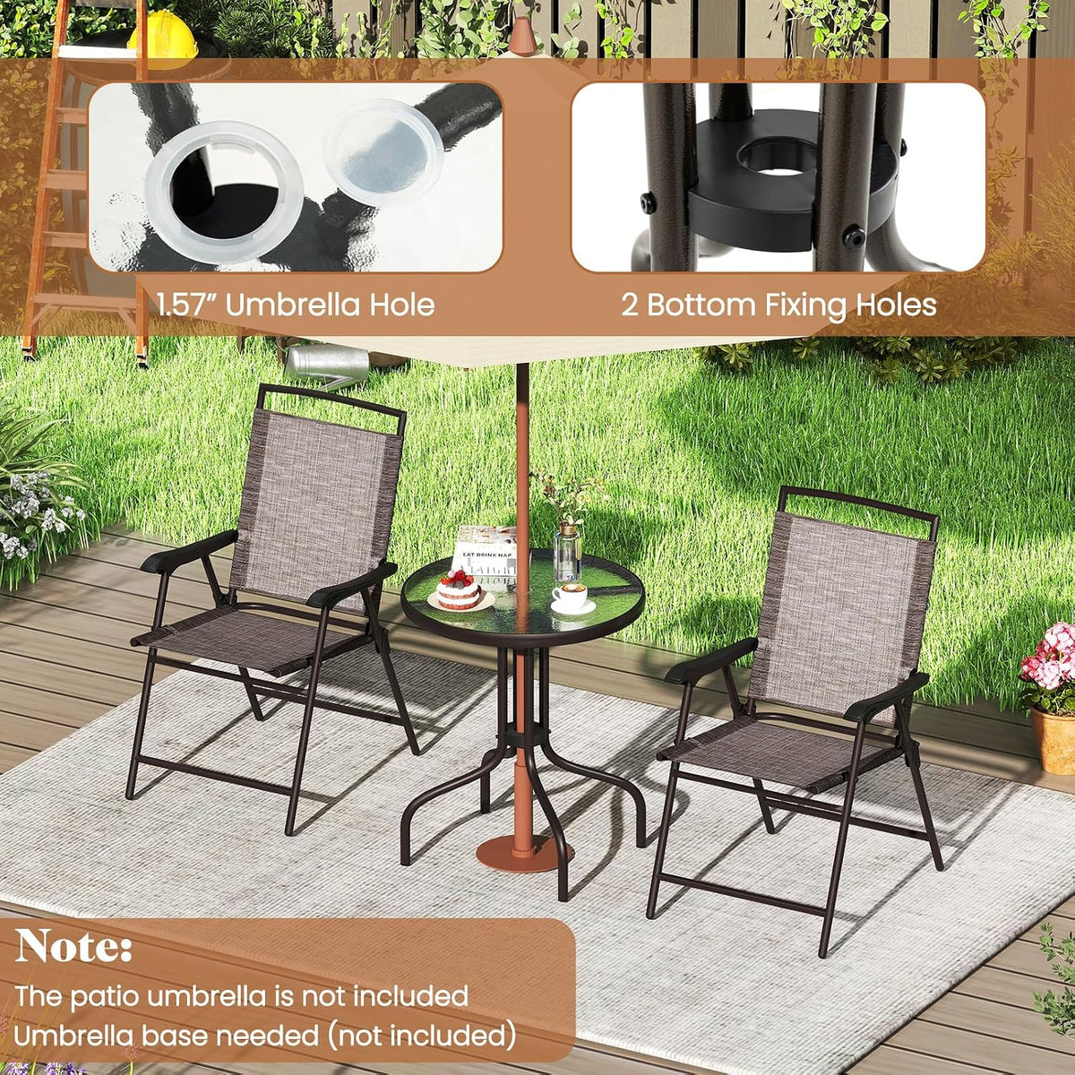 Tangkula 3 Piece Bistro Set Outdoor, Bistro Folding Chairs and Table Set, Rippled Tempered Glass Round Tabletop with Umbrella Hole, Small Patio Furniture Dining Set for Porch Balcony Garden Yard