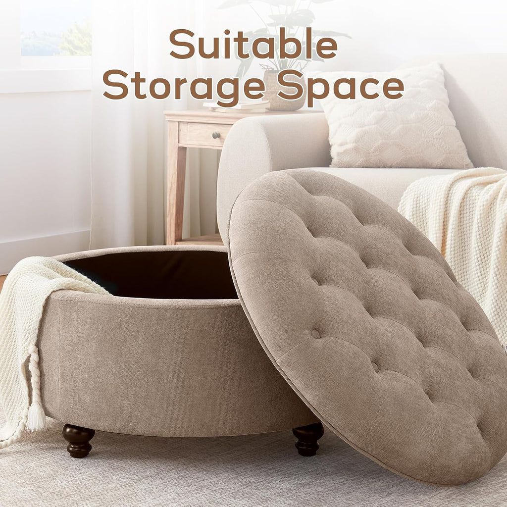 HUIMO 30-Inch Round Storage Ottoman, Button Tufted Coffee Table(Brown)