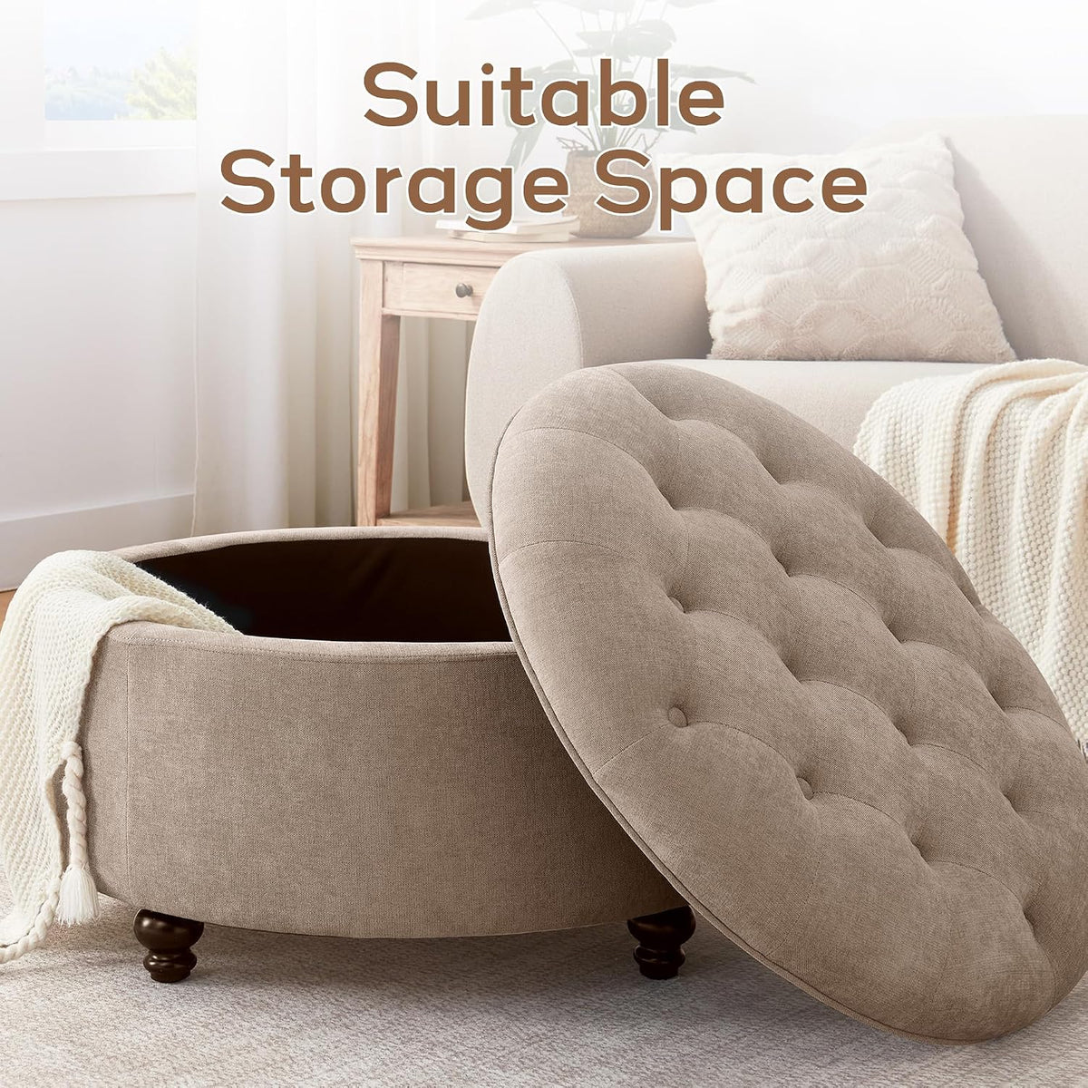 HUIMO 30-Inch Round Storage Ottoman, Button Tufted Coffee Table(Brown)