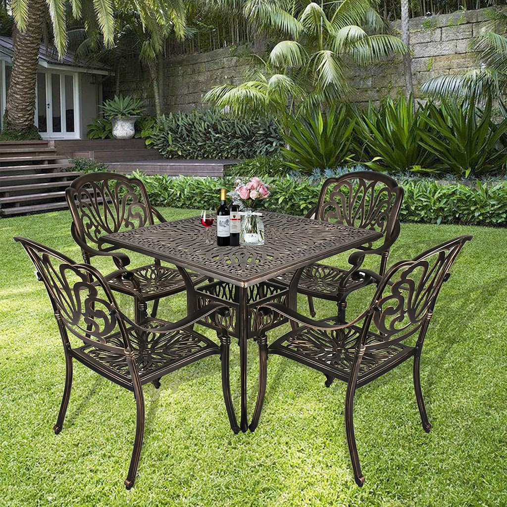 TITIMO 5-Piece Outdoor Patio Dining Set, Cast Aluminum Patio Furniture Set, 4 Chairs and 35.4" Square Table with 2.2”Umbrella Hole, Cast Aluminum Conversation Set for Yard Garden Porch Poolside