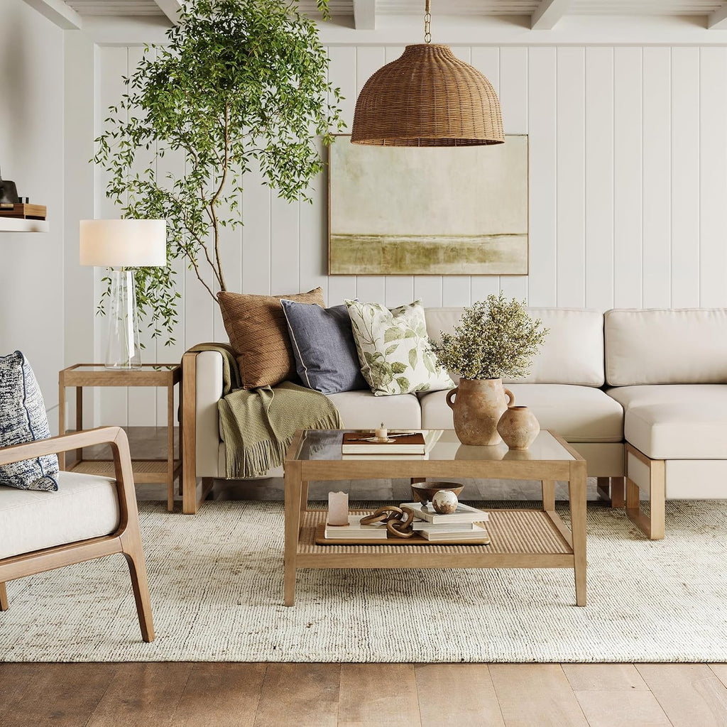Nathan James Hayes Glass Top Coffee Table, Solid Wood Coffee Table with Glass Top and Rattan Bottom Shelf, Light Brown