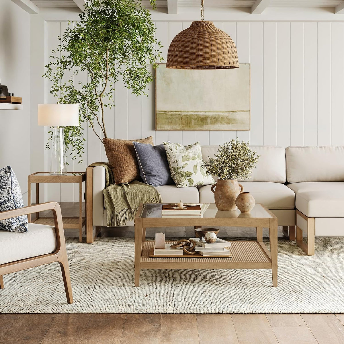 Nathan James Hayes Glass Top Coffee Table, Solid Wood Coffee Table with Glass Top and Rattan Bottom Shelf, Light Brown