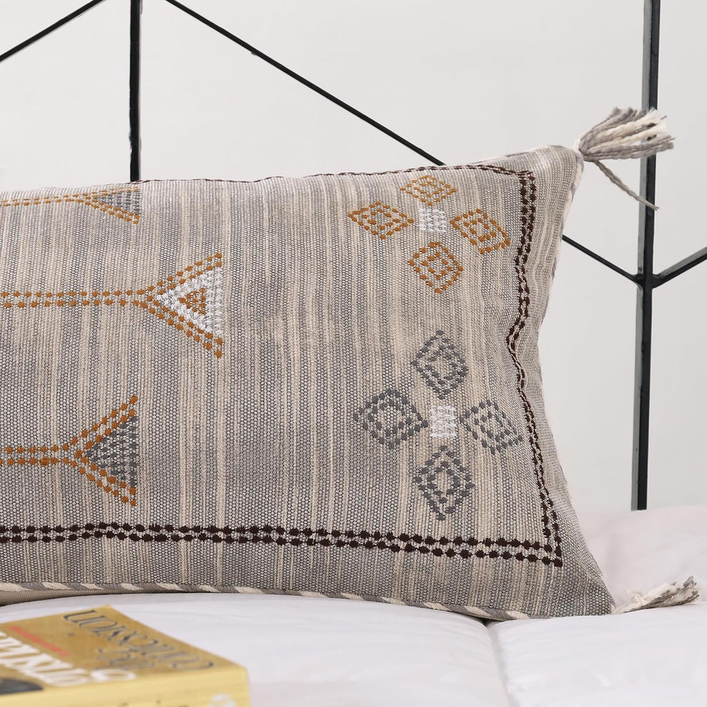 Labhanshi Hand-Woven Cotton Lumbar Pillow Cover, White, 12x28