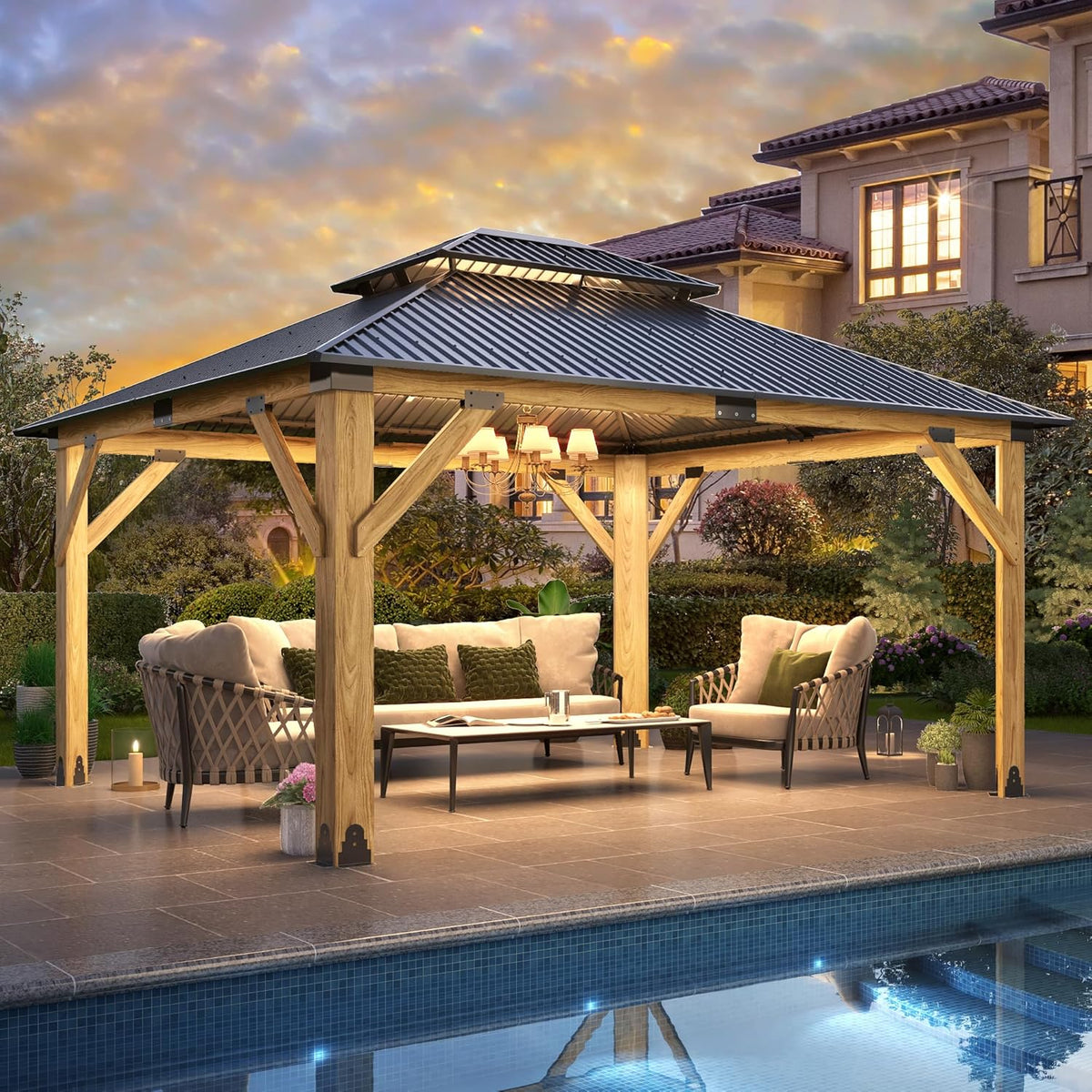 13x15FT Wood Gazebo,Outdoor Wooden Gazebo with Glavanized Steel Double Roof, Hardtop Gazebos for Garden, Patio, Deck, Backyard