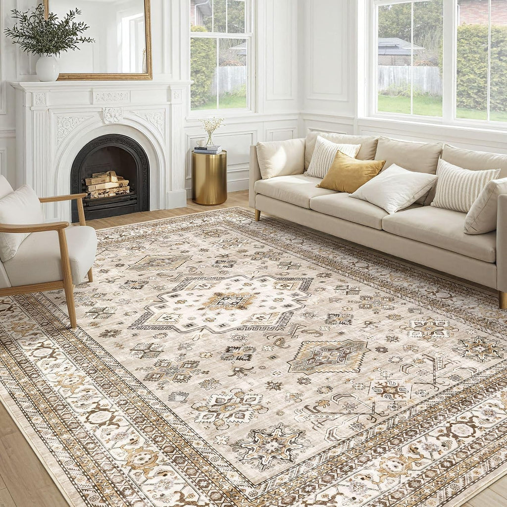 cotiled 10x12 Area Rug for Living Room, Washable, Traditional, Beige