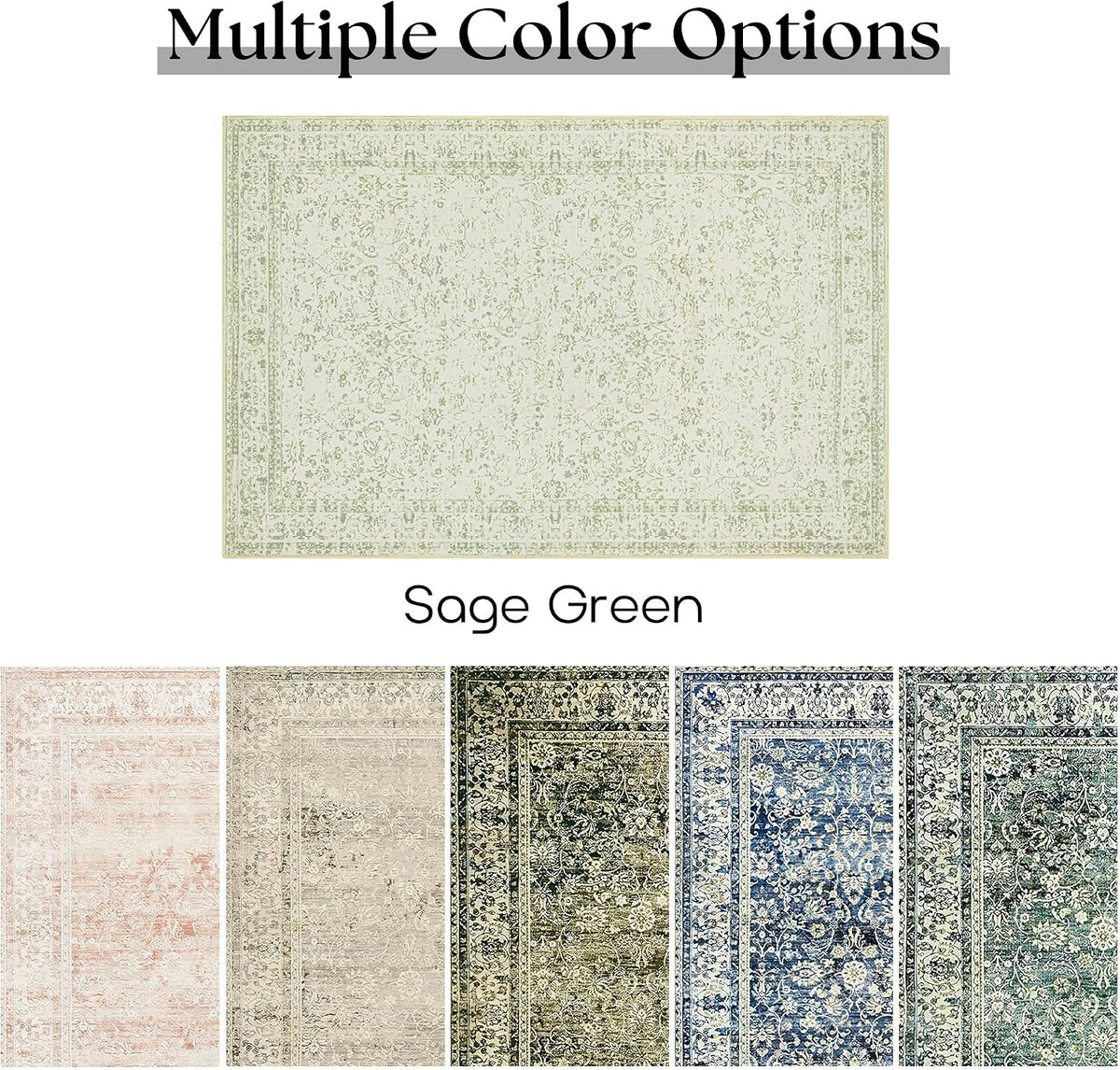 Light Green Area Rug 6x9 Floral Print Washable Throw Rugs for Living Room
