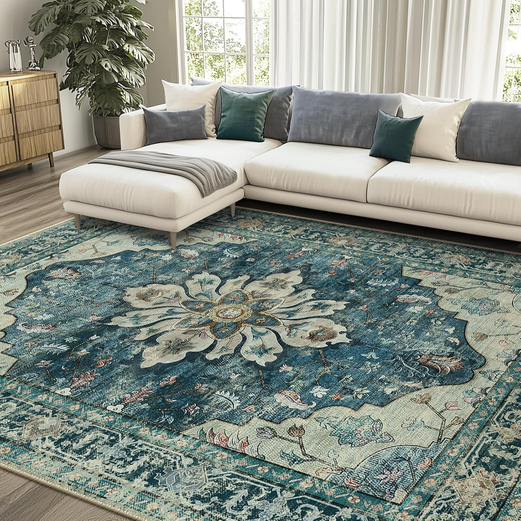 RELEANY Washable Area Rug, 8'x10', Blue/Vintage Dark Blue