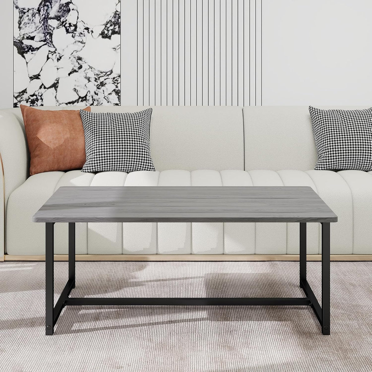 35.4" Rectangular Coffee Table for Living Room, Modern Industrial Style Coffee Table Center Table with Metal Frame for Small Space, Apartment, Office, Easy Assembly, Grey