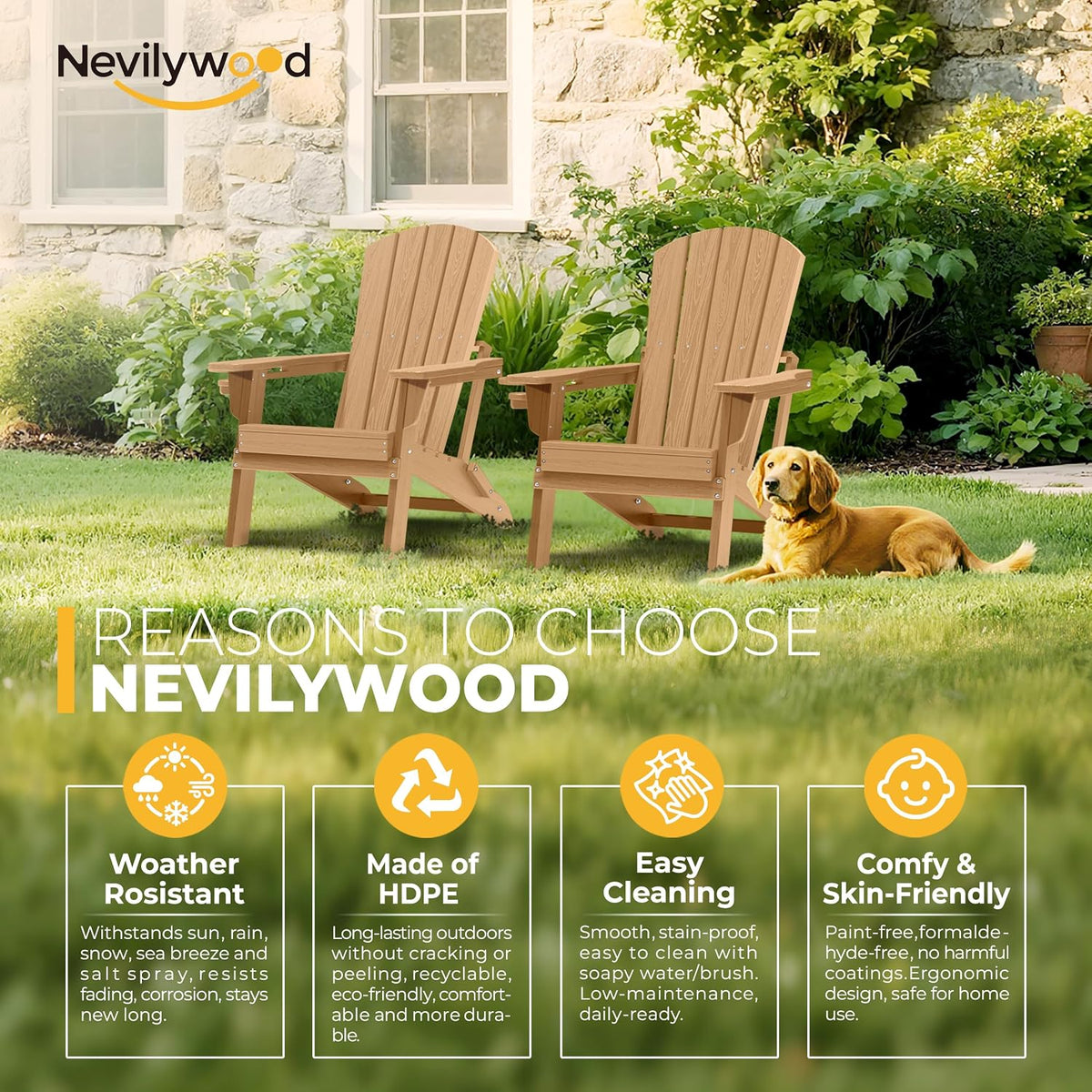nevilywood Folding Adirondack Chairs Set of 4, HDPE Cup Holders, Teak