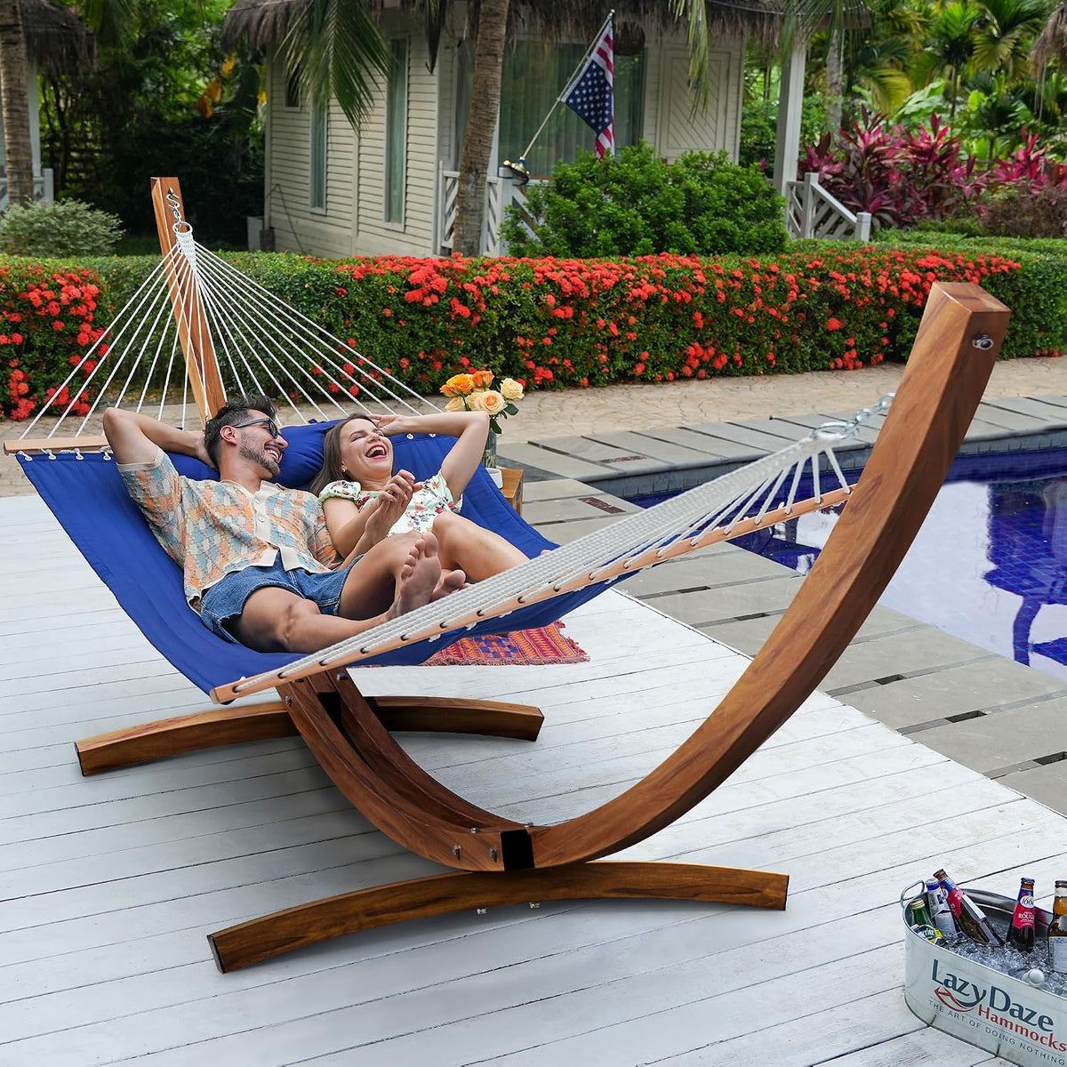 Lazy Daze 12 Ft Double Quilted Hammock with Curved Steel Wood Grain Stand