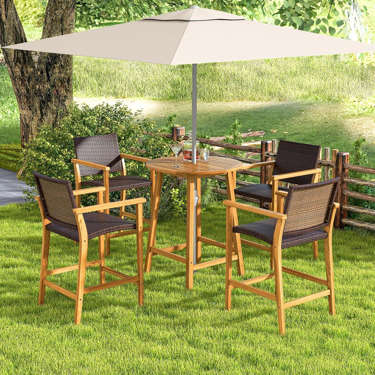 Tangkula 31.5" Acacia Wood Patio Bar Table, Round Bistro Table