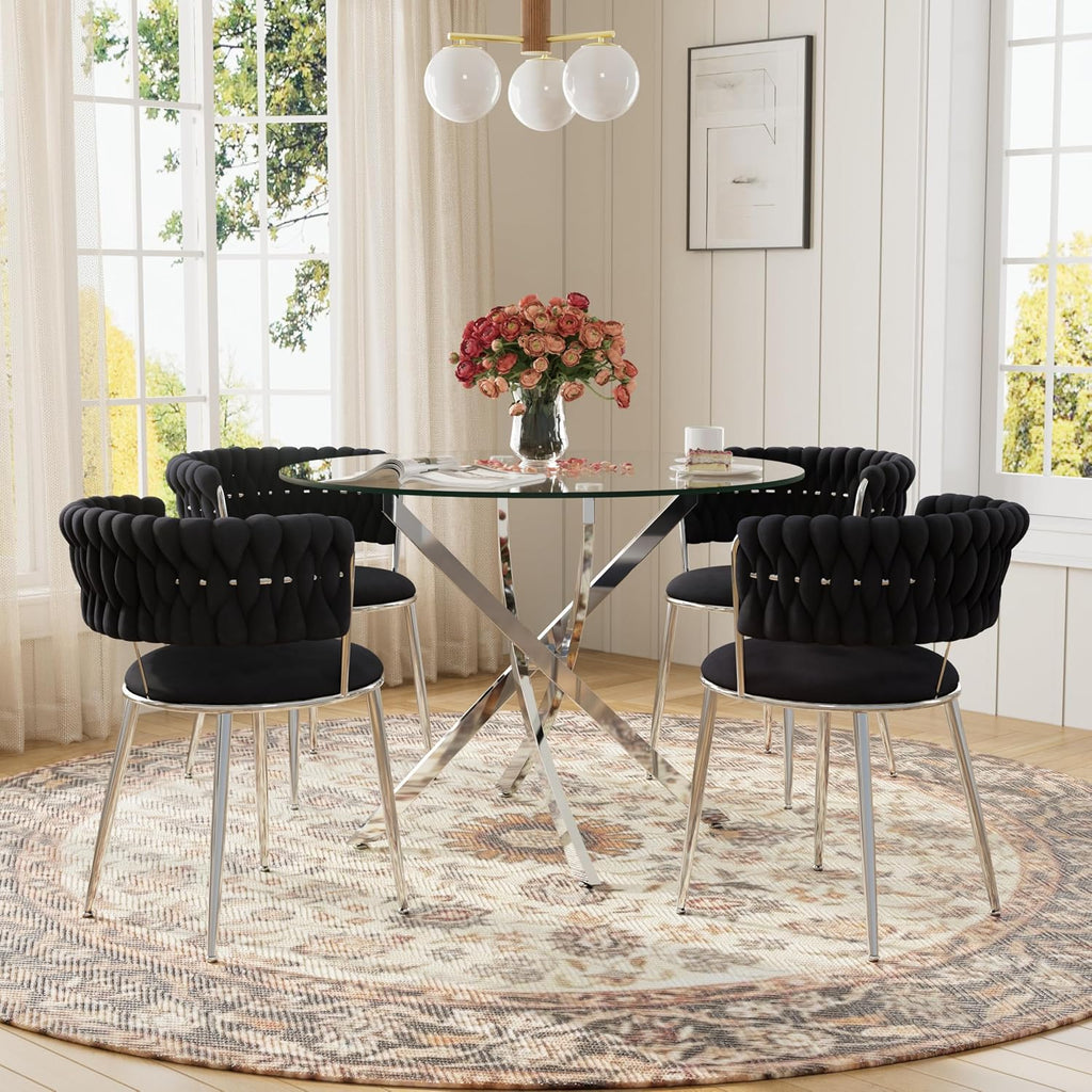 Modern Minimalism Circle Dining Table Set of 4, 36'' Round Tempered Glass Table Top with Silver Base & 4 Black Silver Velvet Dining Chairs, 5-Piece Dining Room Table Set (Easy Assembly)