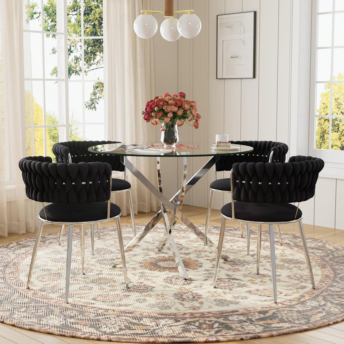 Modern Minimalism Circle Dining Table Set of 4, 36'' Round Tempered Glass Table Top with Silver Base & 4 Black Silver Velvet Dining Chairs, 5-Piece Dining Room Table Set (Easy Assembly)