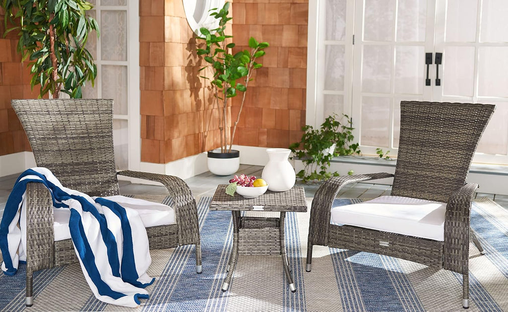 SAFAVIEH Outdoor - Edna 3-Piece Lounge Set - Grey Brown & White - Steel Frame & Faux Rattan with Cushion - Wingback Tropical French Design - Ideal for Patio, Deck, Porch, Backyard (PAT7719C)