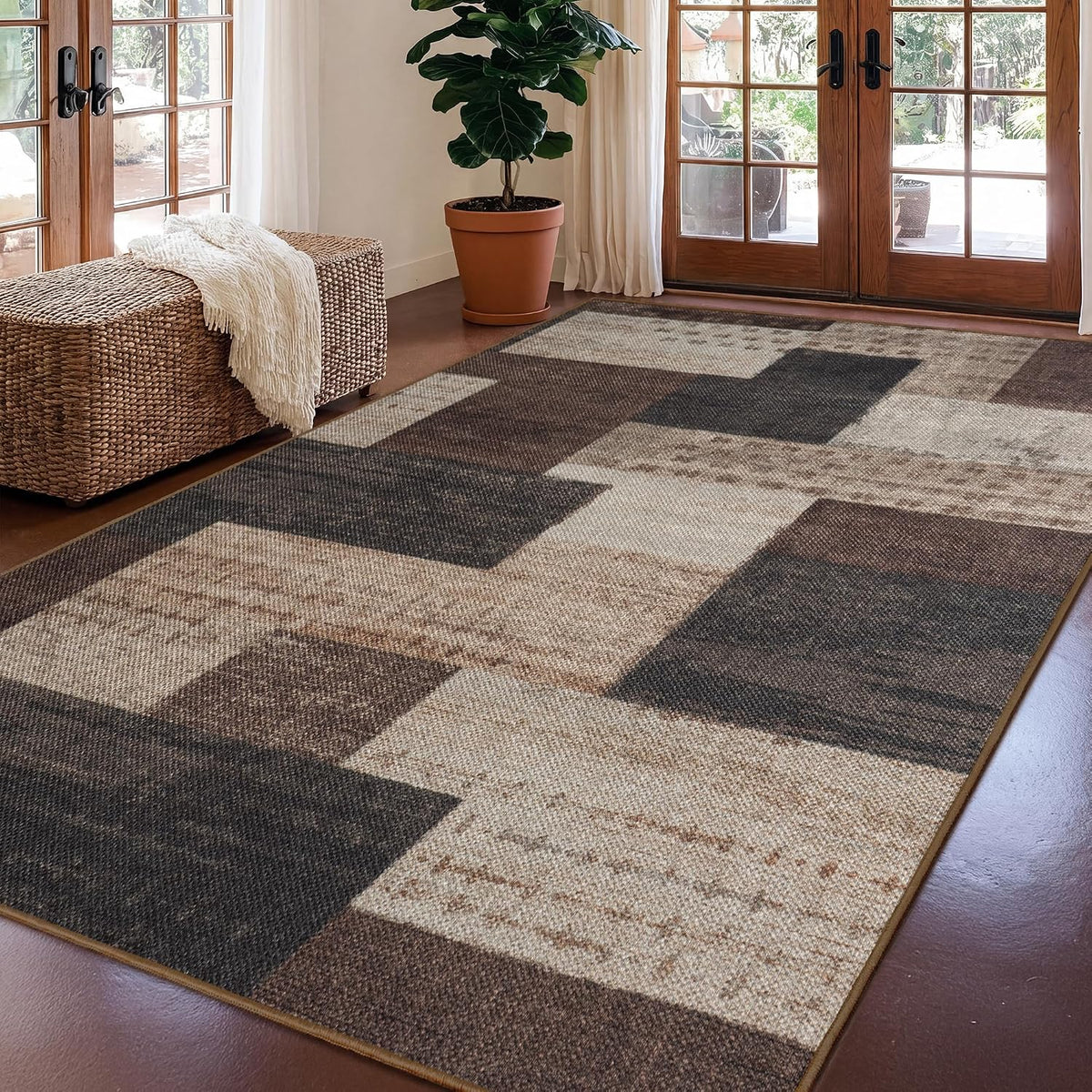 Modern Outdoor Patio Rug, Geometric Patchwork Rug for Living Room, Brown
