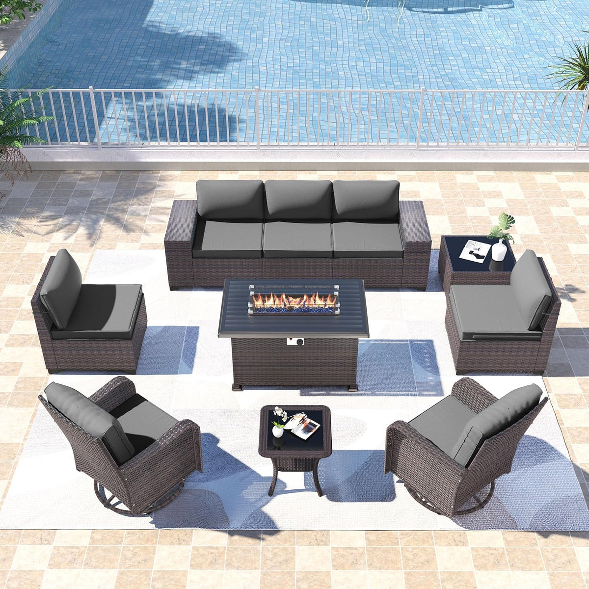 Kullavik 10 Piece Outdoor Patio Furniture Set with Fire Pit & Swivel Chairs