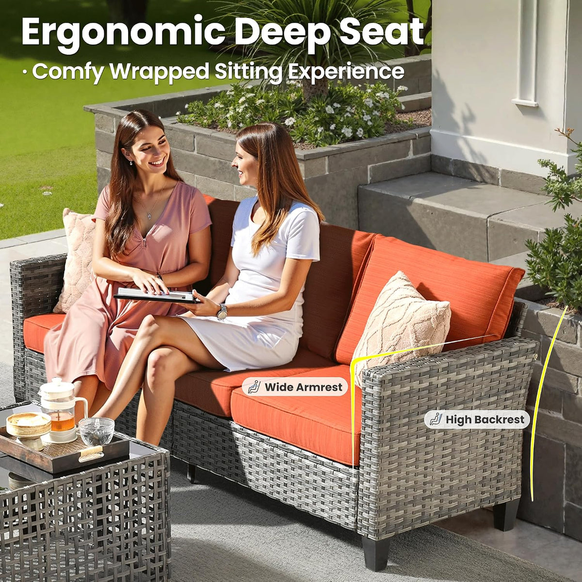 ovios 5 Pieces Patio Furniture Set, Outdoor Wicker Sofa Couch with Swivel Glider Chairs Solar Lights Table, Modern Deep Seat Rattan Conversation Sets for Deck Porch, Orange Red