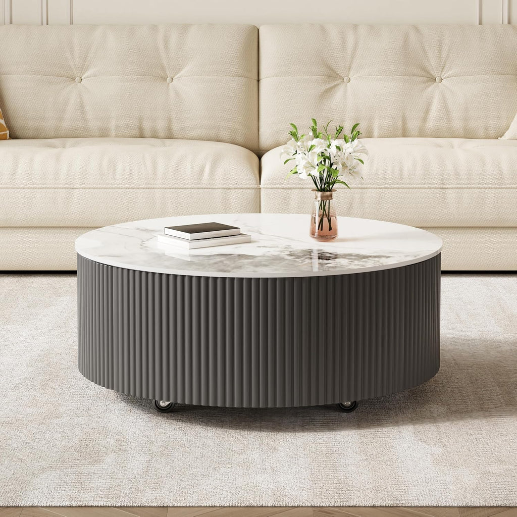 Round Coffee Table with Storage, Modern Movable Coffee Table with Marble Patter Sintered Stone Top and Wheels, Grey