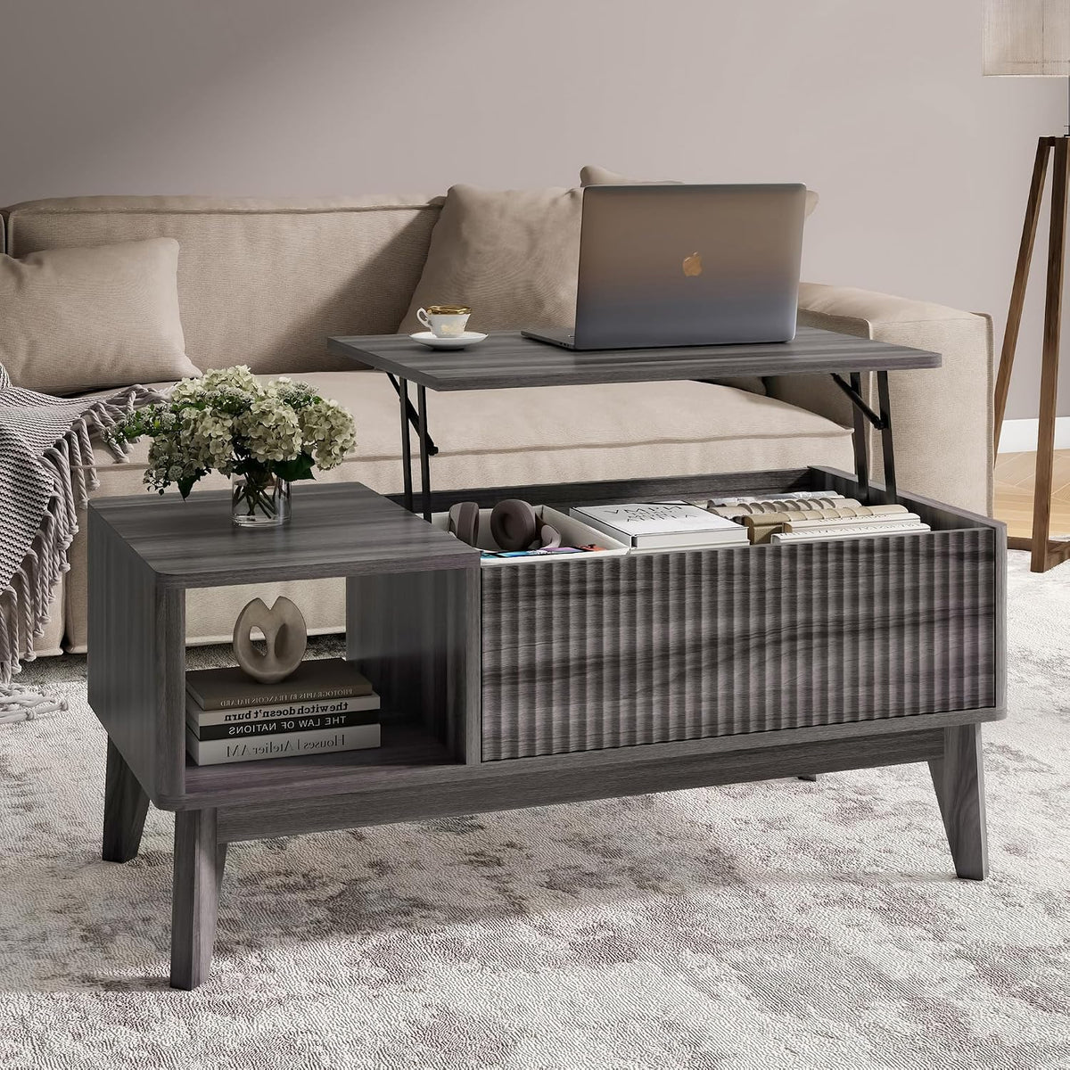 LYNCOHOME Fluted Lift Top Coffee Table with Storage,Modern Center Table for Living Room, Home Office（Grey）