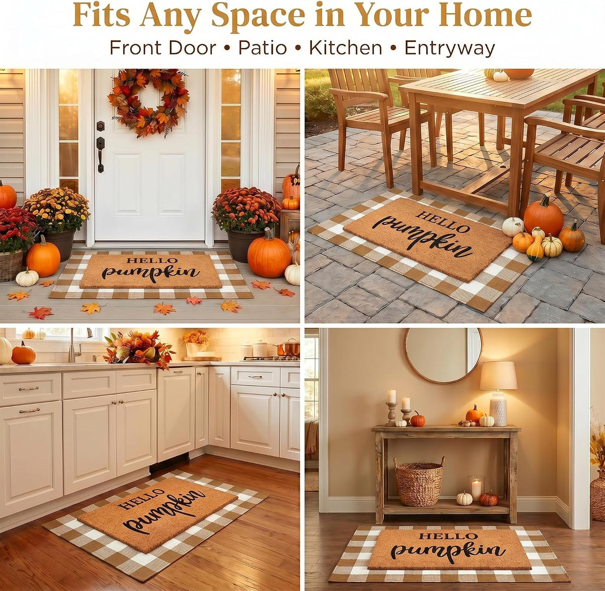 Fall Decor Door Mat Combo Set, 100% Coco Coir Welcome Mat + 28 x 43 Inches Coffee and White Plaid Rug - Fall Thanksgiving Front Porch Entryway Floor Doormat, Indoor Outdoors Autumn Mats Hello Pumpkin