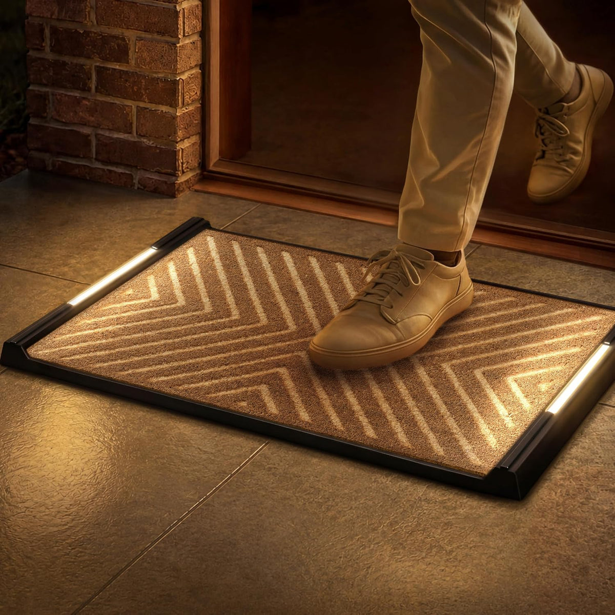 Anji Mountain BriteStep LED Doormat, 32.5x18.5in Pressure Activated Welcome Mat, All-Weather Front Door Mat, 18x30 Swappable Coir Insert, Wireless 3AA, Auto Shut-Off, Non-Slip Rubber Backing