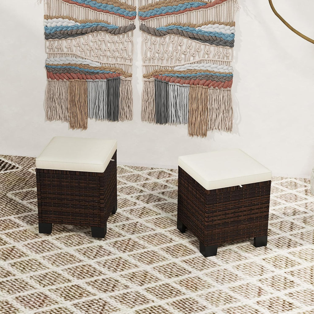 Outsunny 2 Pieces Outdoor Patio Ottomans All Weather PE Rattan Beige