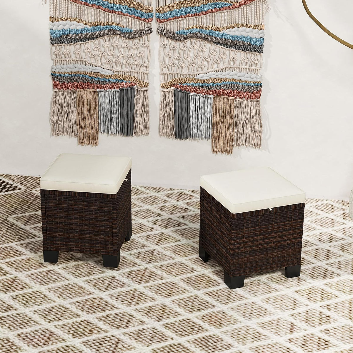 Outsunny 2 Pieces Outdoor Patio Ottomans All Weather PE Rattan Beige