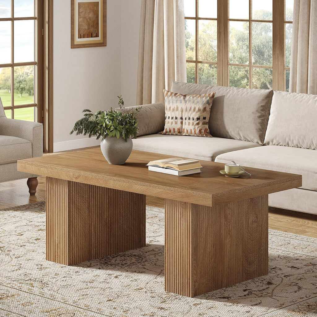 Tribesigns Farmhouse Coffee Table, 47.24 Inch Rectangle Center Table with Large Tabletop & Thick Base, Rustic Wooden Furniture for Living Room, Apartment, Reception Areas, Brown