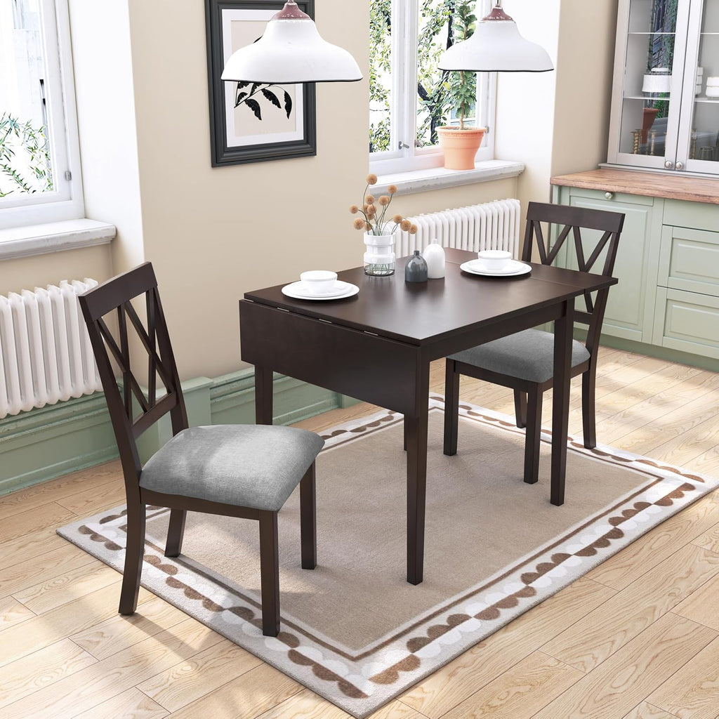 Merax Farmhouse Wooden Dining Set of 3, 45.6 inch Extendable Kitchen Table with Drop Leaf, 2 Chairs with Backrest for Small Space, Easy Assemble Espresso
