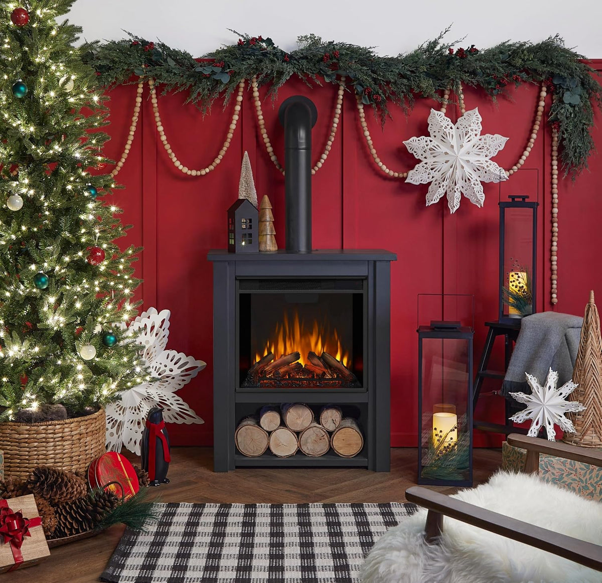Real Flame Black Hollis Electric Fireplace - Freestanding with Remote Control - 6 Flame Colors & 5 Brightness Levels, Black