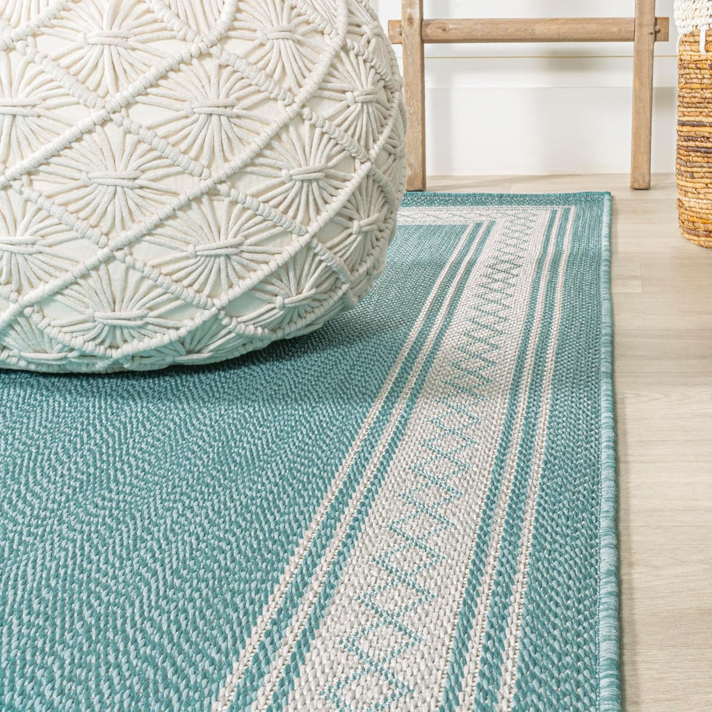 JONATHAN Y Diamond Border Indoor Outdoor Area Rug 3X5 Aqua/Light Gray, Lucia Classic for Backyard, Patio, Porch, Easy-Cleaning, High Traffic, Pet-Friendly, Non-Shedding (SMB207D-3)