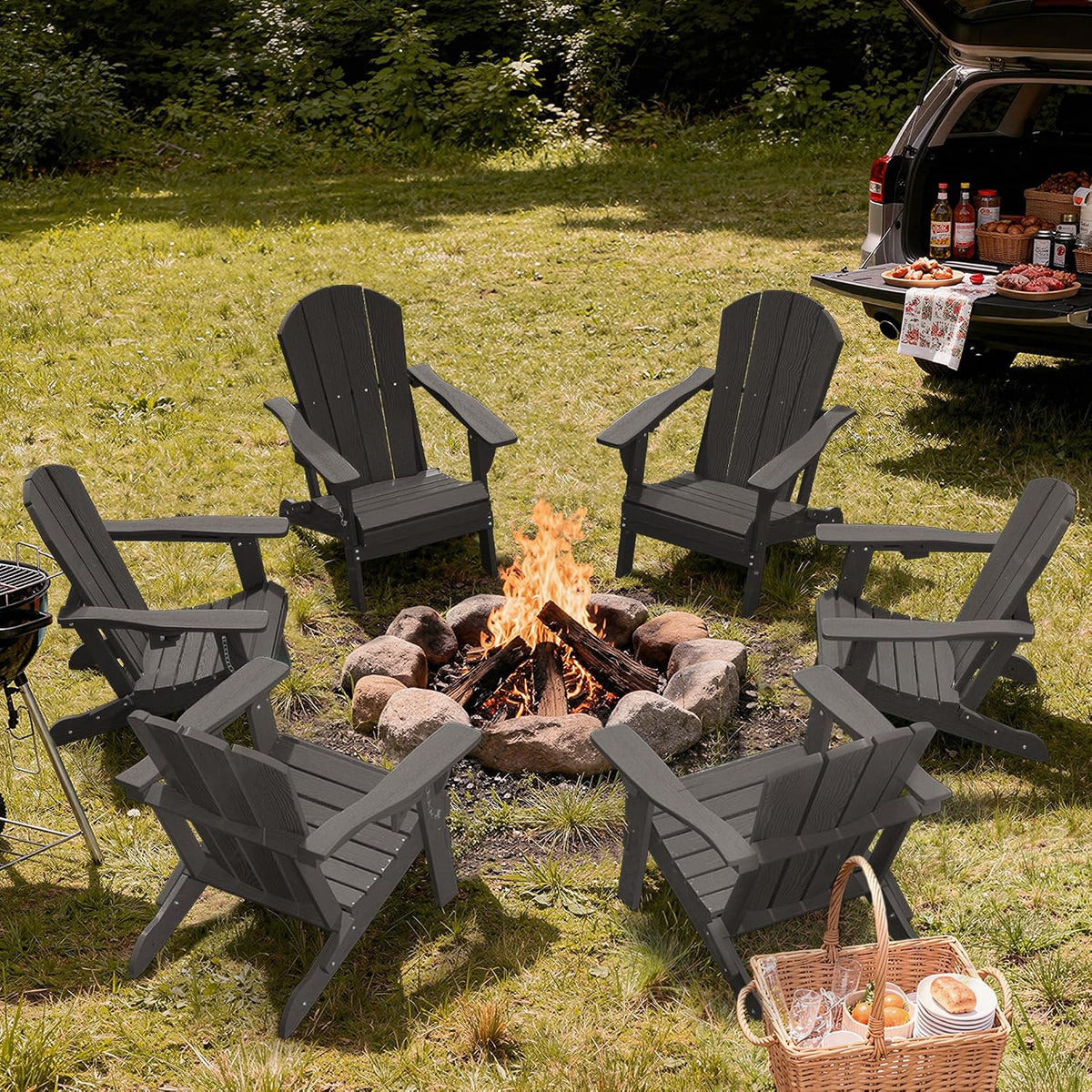 AreShark HDPE Folding Adirondack Chair with Cup Holder, Set of 4, Gray