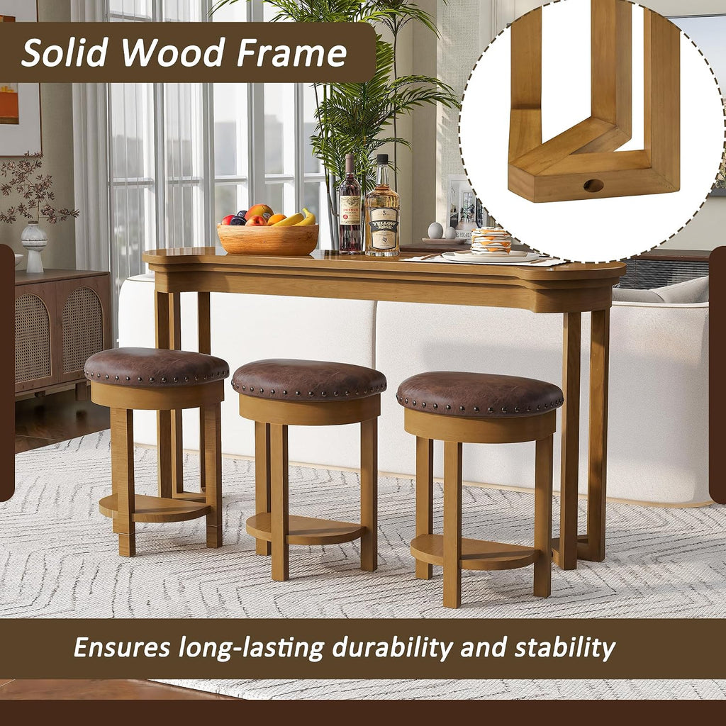 Merax 4 Piece Bar Table Set with 3 PU Upholstered Bar Stools, Solid Wood Counter Height Kitchen Table Set, Breakfast Table with 3 Padded Stools for Living Room, Dining Room, Natural