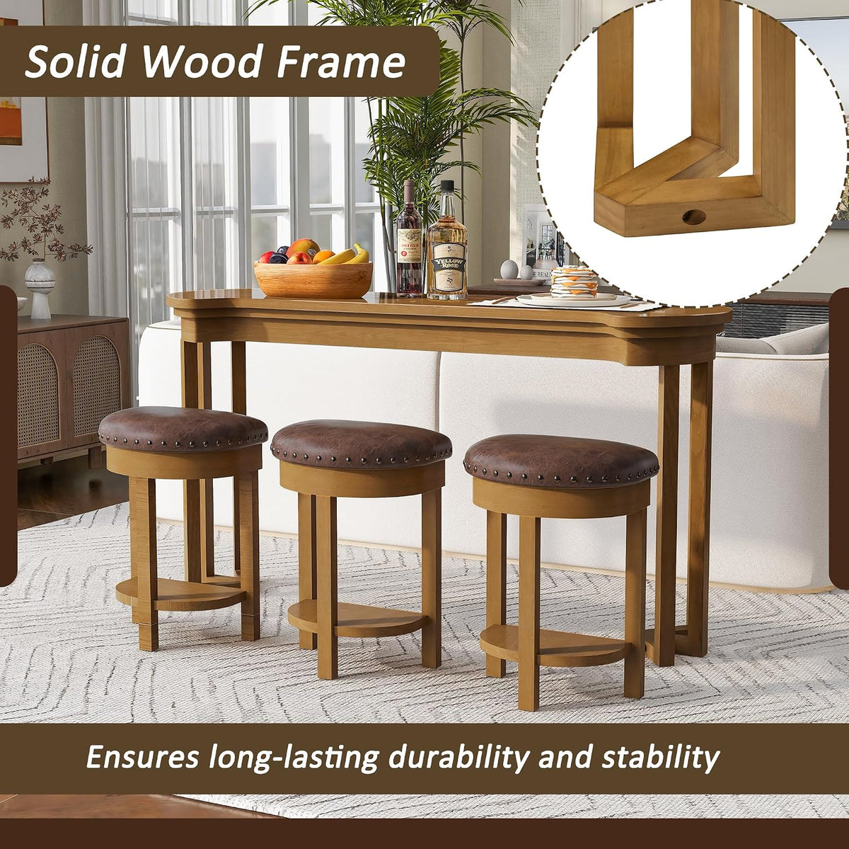 Merax 4 Piece Bar Table Set with 3 PU Upholstered Bar Stools, Solid Wood Counter Height Kitchen Table Set, Breakfast Table with 3 Padded Stools for Living Room, Dining Room, Natural
