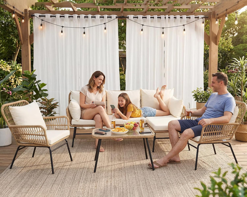 RADIATA 5 Pcs Boho Outdoor Furniture, High Back Wicker Conversation Set