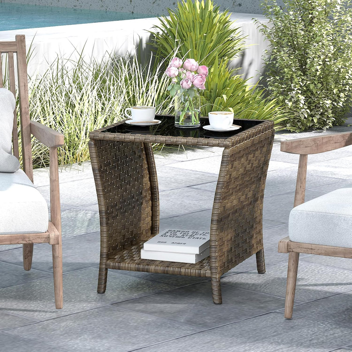 Outdoor Wicker Side Table, Rattan End Table, Glass Top,Patio Garden