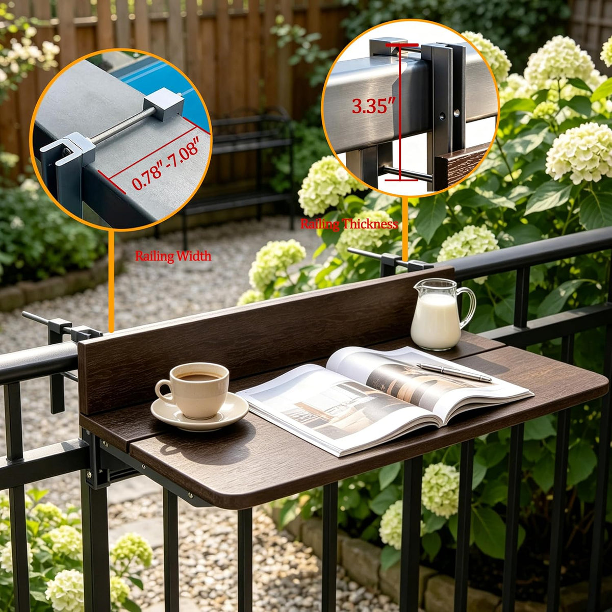 Balcony Bar Table for Railings, Outdoor HDPE Hanging Folding Adjustable Height Deck Rail Table for Patio, Garden, Rustproof Aluminum Alloy Frame,Weather Resistant, Easy Assembly