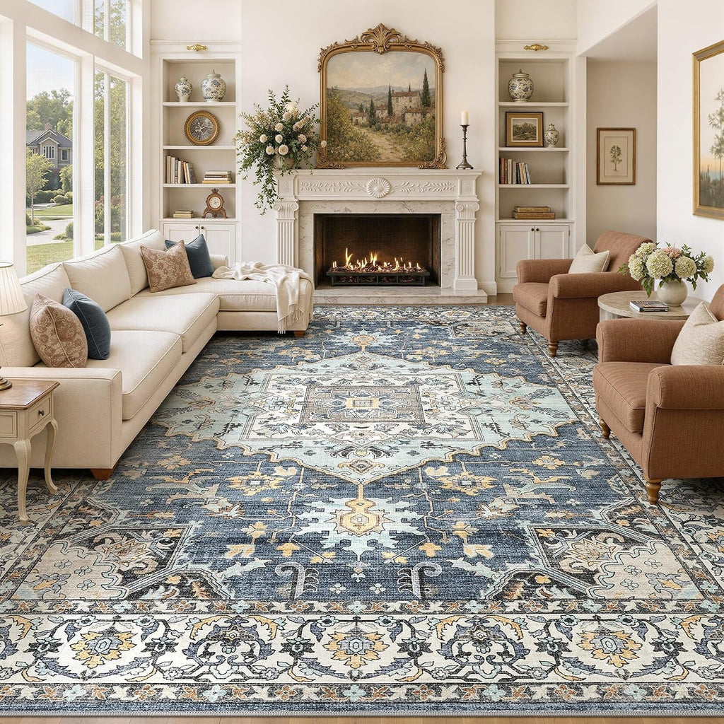 12x15 Area Rugs for Living Room: Washable Neutral Blue Yellow Rug