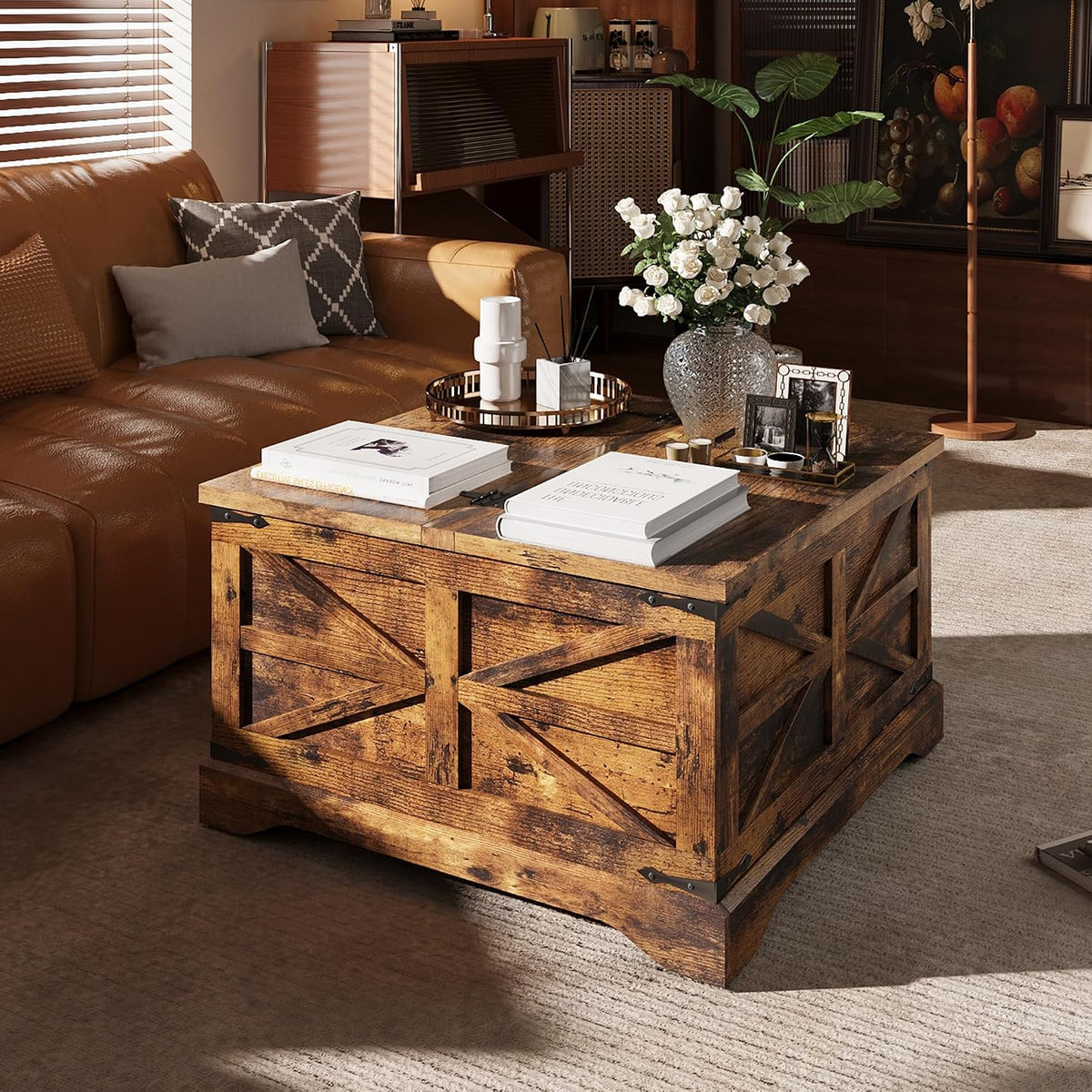 MXV Farmhouse Coffee Table with Storage, Square Coffee Tables for Living Room, Rustic Wood Center Table with Hinged Lifting Tabletop for Home, Brown