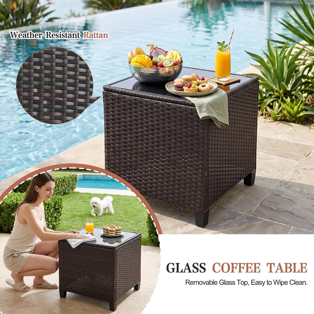 Vongrasig Patio Chair with Ottoman, 5 Pieces Patio Furniture Set Small Balcony Furniture, Rattan Patio Chairs Set of 2 with Glass Table for Front Porch Garden (Beige)