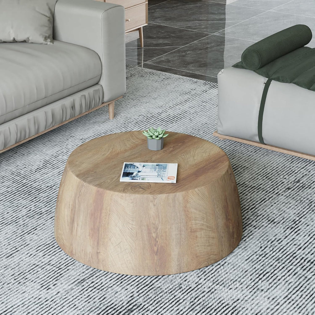 Drum Coffee Table, Modern Industrial Wooden 29.53" W x 11.81" H Round Coffee Table, Natural Wood Circle Center Table Cocktail Tea Accent Table for Living Room Apartment No Assemble
