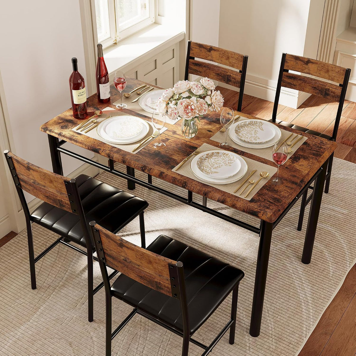 IRONCK Dining Table Set for 4, Rustic Brown