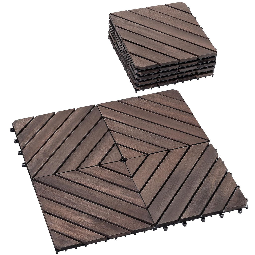 PrimeZone 9 PCS Solid Acacia Wood Interlocking Patio Deck Tiles Outdoor