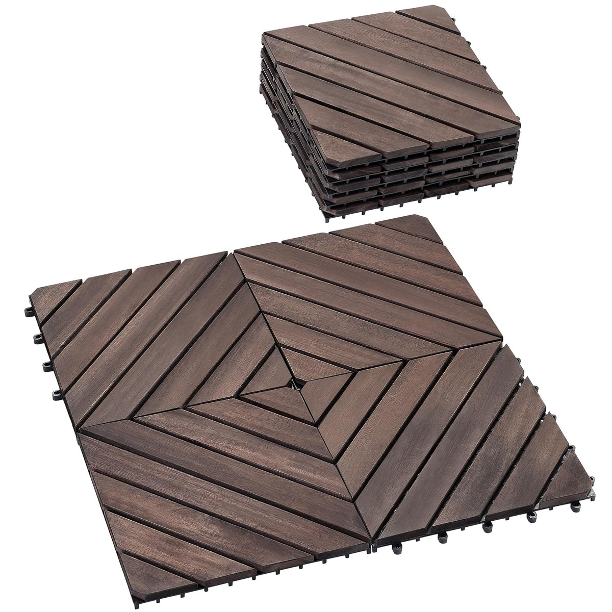 PrimeZone 9 PCS Solid Acacia Wood Interlocking Patio Deck Tiles Outdoor